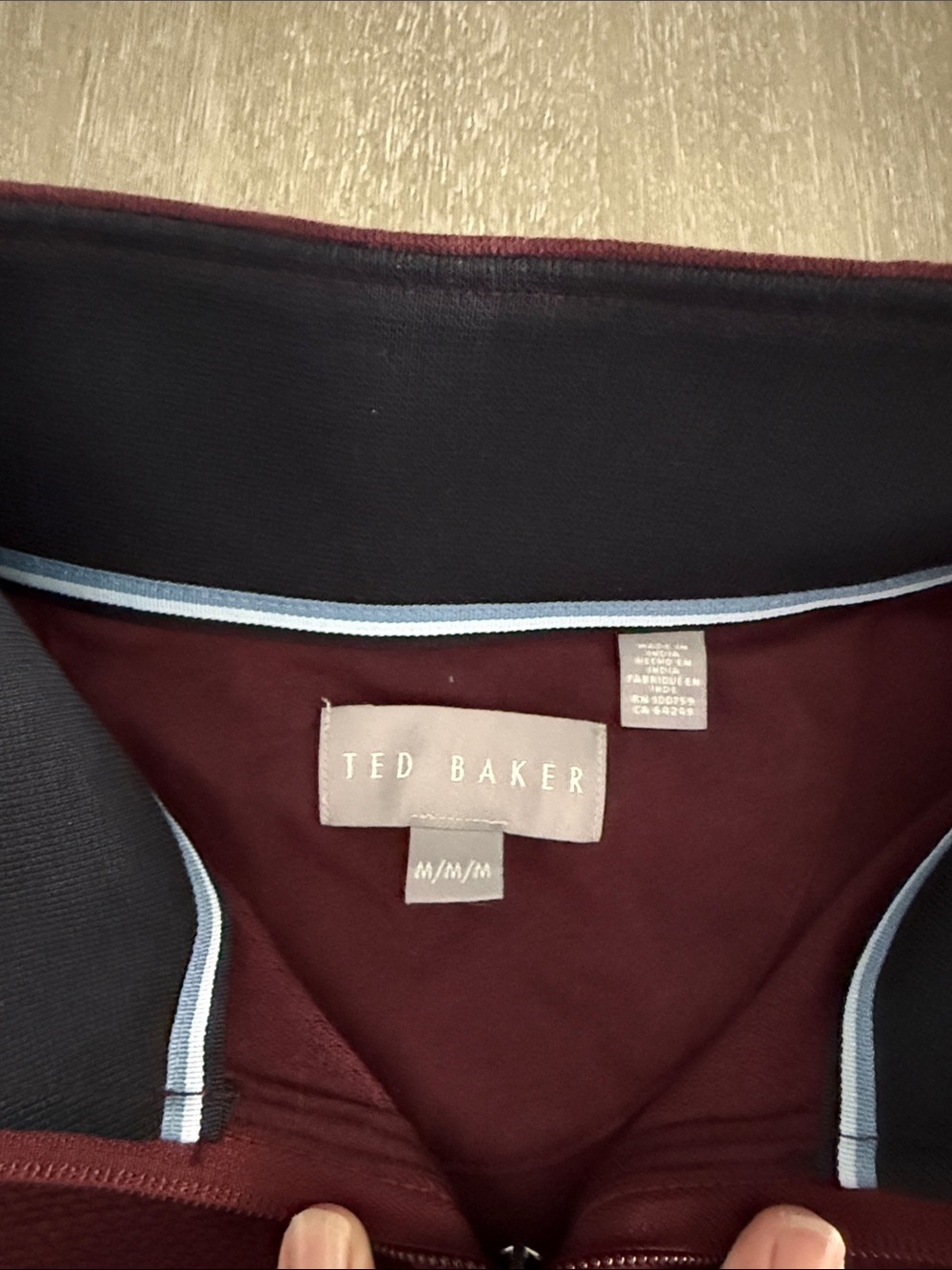 Ted Baker Men's Maroon Zip Jacket with Navy Collar and Light Blue Trim